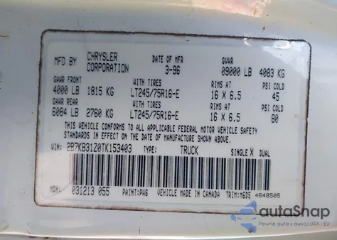 1996 Dodge Ram Van B3500 из США, поврежденный, VIN 2B7KB31Z0TK153403